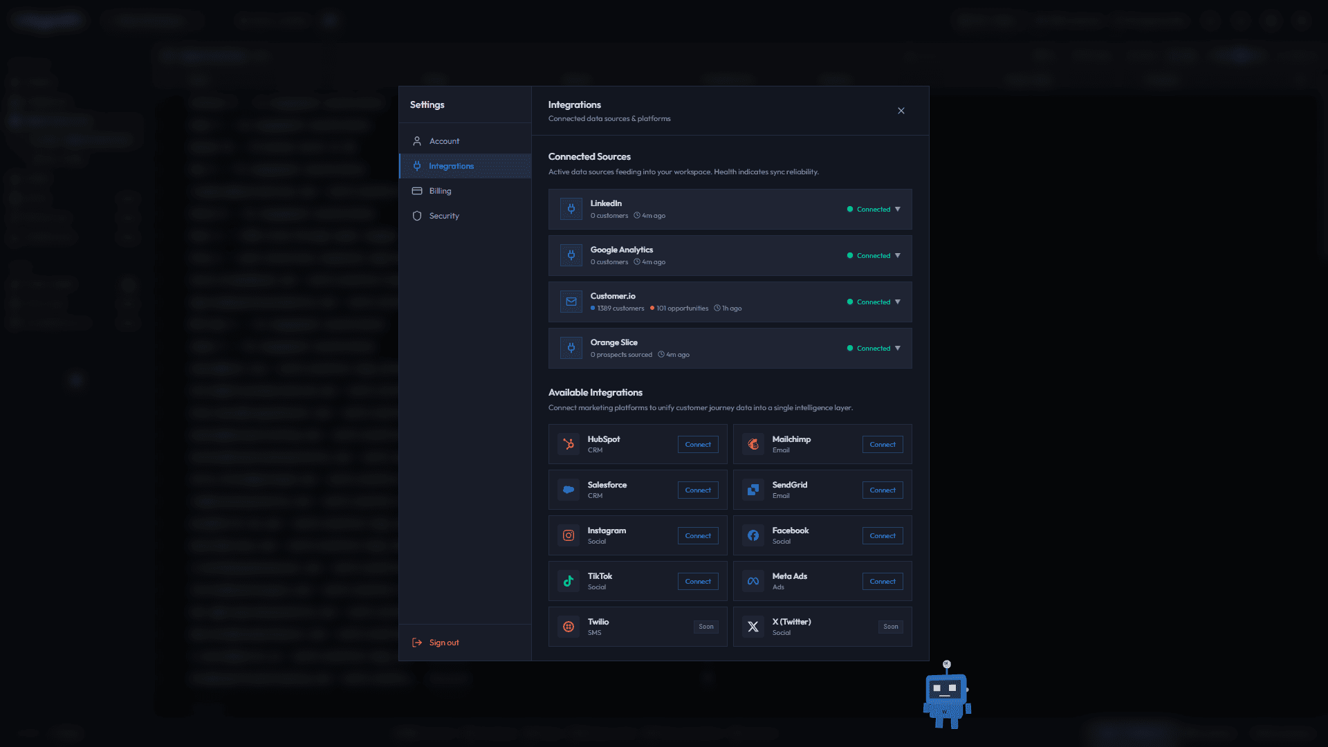 Integrations panel in Settings
